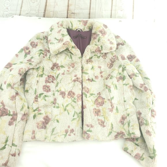 Allan Denis Womens White Floral Collared Long Sleeve Faux Fur Jacket Size M - Picture 4 of 15